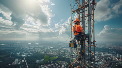 engineer wearing safety gear working at top of signal antenna.Working at height.