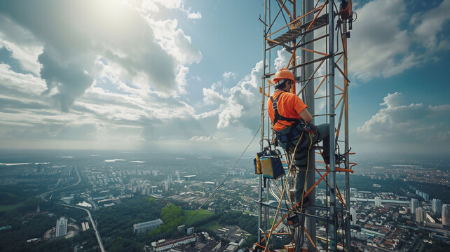engineer wearing safety gear working at top of signal antenna.Working at height.