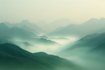 Design a mottled background that captures the ethereal beauty of a misty morning in a mountain valley, with soft whites and greens blending into the silhouettes of distant peaks - obrazy, fototapety, plakaty