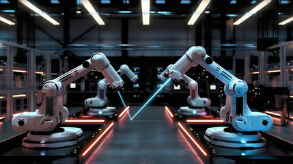 Industrial robots communicate and coordinate with other machinery - obrazy, fototapety, plakaty