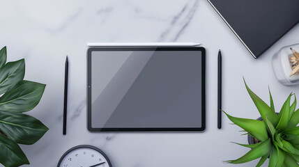 Modern Tablet with Stylus on Marble Desktop, Digital Artist Workspace Setup with Houseplants and Minimalist Design, Creative Professional Mock-Up
