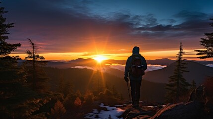 Fototapeta premium Vibrant sunrise scene with hiker silhouette
