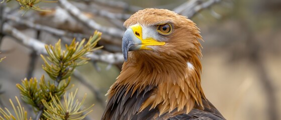 a close up of a bird of prey on a tree branch with a blurry background of branches and branches.