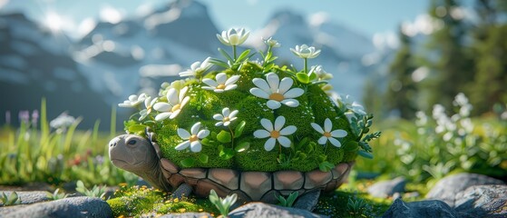a turtle shaped planter with flowers growing out of it's shell in a field of grass and rocks.