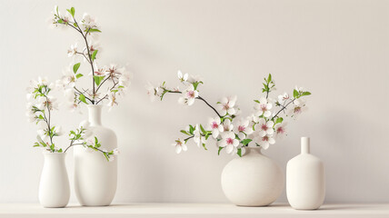 white vases with  flowers on a white shelf with copy space , backdrop for product presentation .