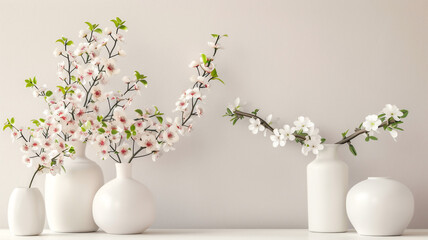 white vases with  flowers on a white shelf with copy space , backdrop for product presentation .