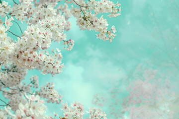 Design a mottled background that captures the essence of a blooming cherry blossom tree, with soft pinks and whites against a clear sky blue