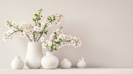 white vases with  flowers on a white shelf with copy space , backdrop for product presentation .