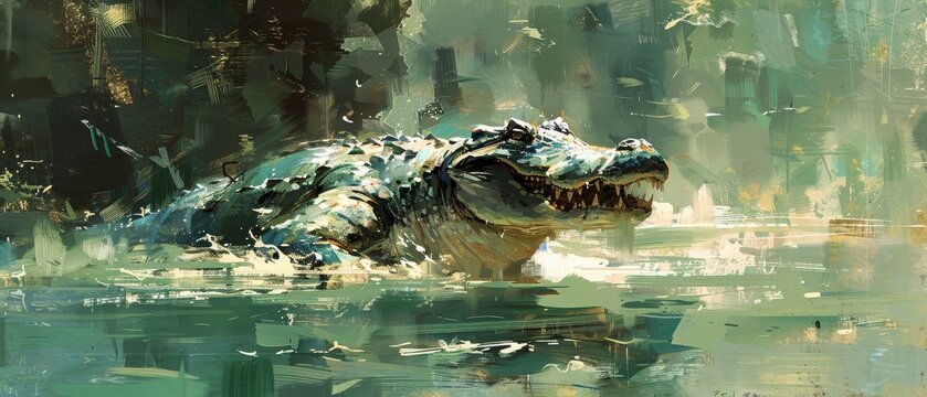 a painting of a large alligator in a body of water with it's head above the water's surface.
