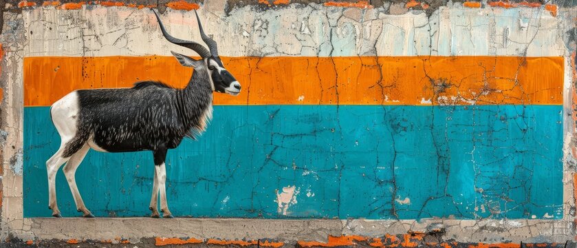 a goat standing in front of a blue, orange, and white wall with peeling paint on it's side.