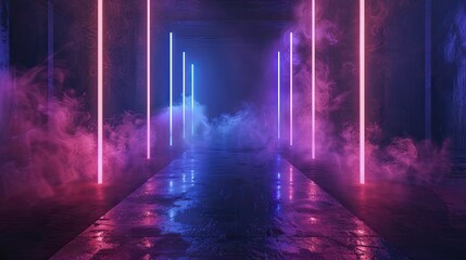 Abstract dark stage with neon blues and purples, smoke and lasers for captivating product shots.