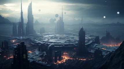 Exotic cityscape under alien skies