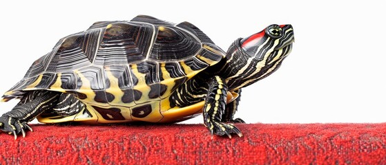 a turtle that is sitting on top of a red piece of cloth with a toothbrush in it's mouth. - obrazy, fototapety, plakaty