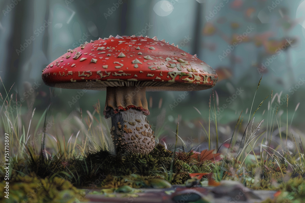 Poster a mushroom with a red color and a cap and a professional overlay on the fantasy