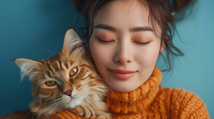 Asian woman hugging Norwegian Forest cat, wholesome human animal connection concept, best friends with unconditional love