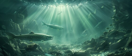 a group of fish swimming in a large body of water next to a coral reef with sunlight streaming through the water.