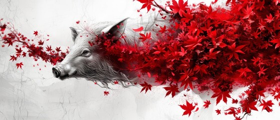 a painting of a wolf with red leaves on it's head and a tree branch in the foreground.
