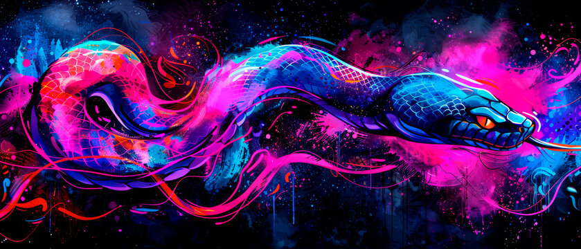 a painting of a snake on a black background with pink, blue, and purple paint splattered on it.