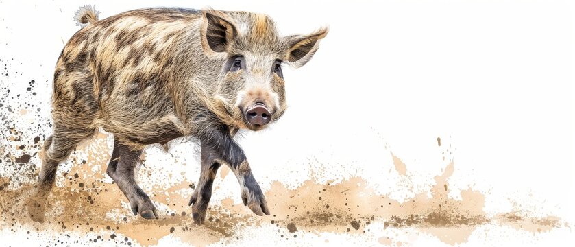 a painting of a warthog running through dirt on a white background with a splash of paint on it.