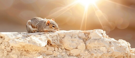 a squirrel sitting on a rock with the sun shining down on it's back and it's head resting on the rock.