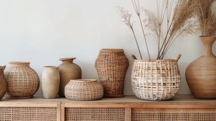 Handmade wicker basket, crafted from wooden rods, presenting rustic elegance. Elevate your home decor with timeless craftsmanship - obrazy, fototapety, plakaty