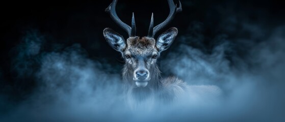 a close up of a deer with antlers on it's head in a foggy area with trees in the background.