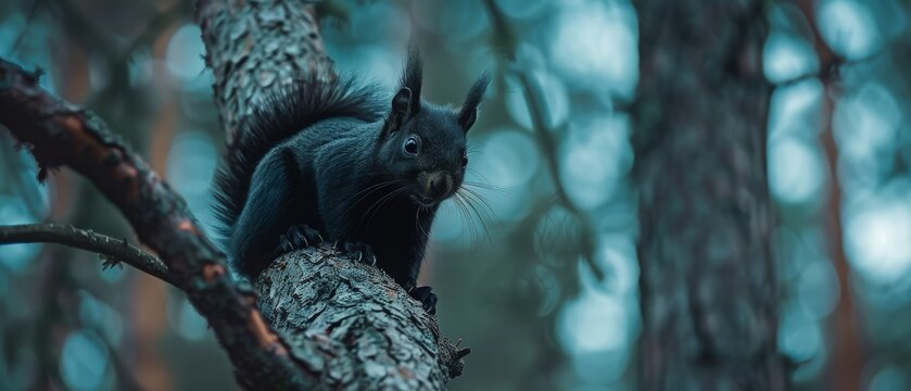 a black squirrel sitting on a tree branch in the middle of a forest with lots of trees in the background.