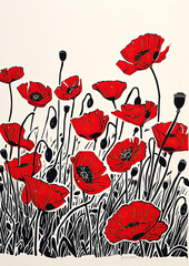 Red Poppies Field linocut Illustration as Remembrance Day peaceful symbol