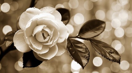 a black and white photo of a rose on a branch with water droplets on the leaves and a boke of lights in the background.