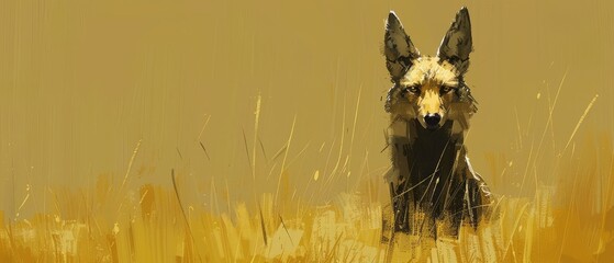 a digital painting of a dog standing in a field of tall grass with a yellow sky in the back ground.