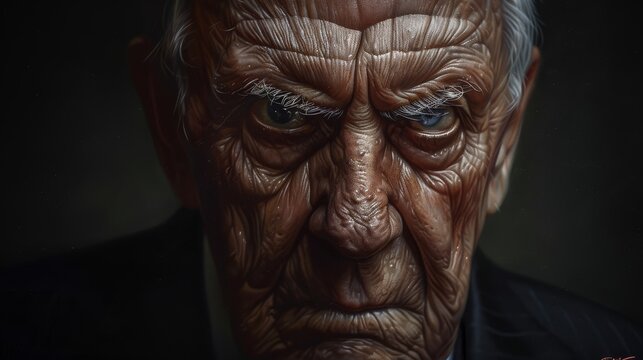 a painting of an old man with wrinkles on his face and a suit jacket and tie on his head.