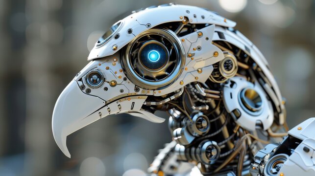 a close up of a robot bird with a blue light in it's eyes and an eyeball in its beak.