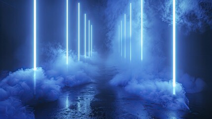 Dark blue void, vertical neon stripes, and smoke blend to form a captivating product backdrop.