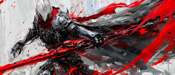 a painting of a knight holding a sword with red paint splattered all over it's body and arms.