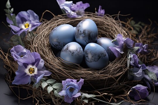a nest with blue eggs and purple flowers