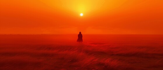 a person standing in the middle of a field with the sun setting in the background and a person standing in the middle of the field.