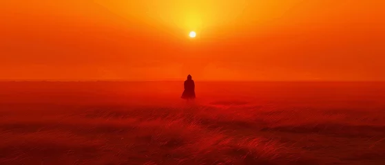 Cercles muraux Rouge a person standing in the middle of a field with the sun setting in the background and a person standing in the middle of the field.