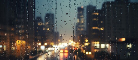 Raindrops streak down a window,