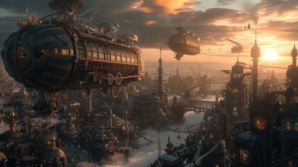Fantasy steampunk airships float amongst clouds against a dramatic sunset backdrop, evoking adventure and exploration. Resplendent. - obrazy, fototapety, plakaty