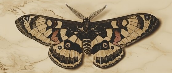a large butterfly sitting on top of a marble counter top next to a black and white bird on it's back legs.