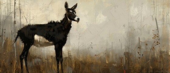 a painting of a black and brown animal standing in a field with tall grass and tall trees in the background.
