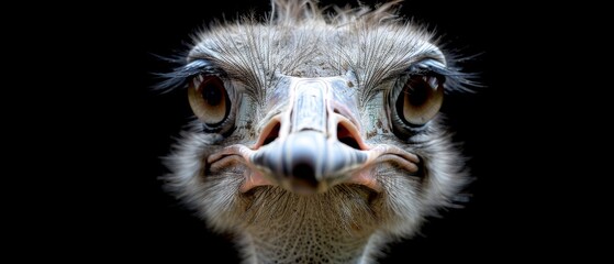 a close up of an ostrich's face with a black background and a black background behind it.