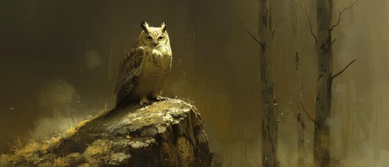 a painting of an owl sitting on top of a tree stump in the middle of a forest with no leaves.