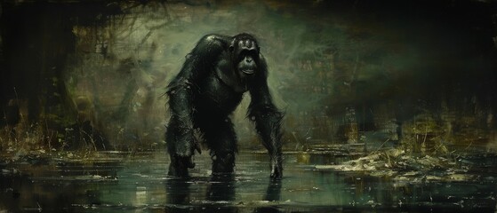 a painting of a bigfoot standing in a swampy area with trees in the background and water in the foreground.