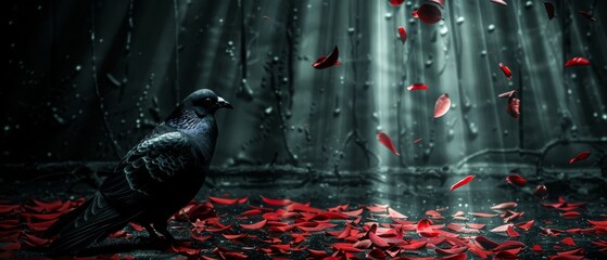 a black bird surrounded by red petals in front of a curtain of light and a rain of falling petals on the ground.