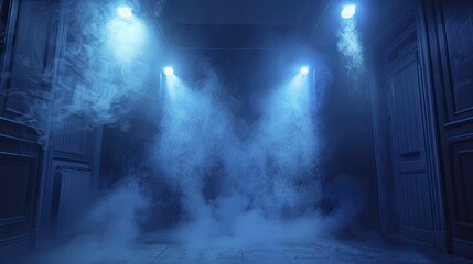 Eerie dark scene with deep blue neon, spotlights highlighting the smoke-filled room.