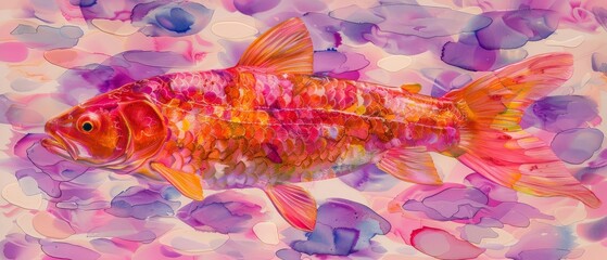 a painting of a goldfish on a pink and purple background with bubbles of watercolor on the bottom of the image.