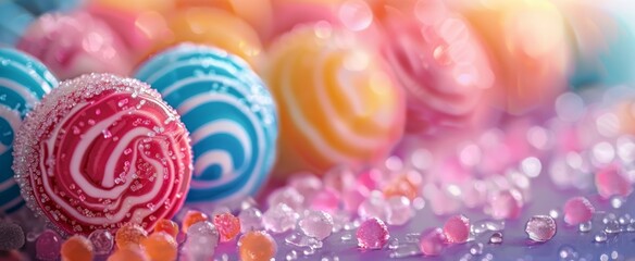 Fototapeta na wymiar A visual feast of sugar-coated lollipops glistens against a soft-focus backdrop, where dreamy hues of pink and blue evoke the whimsy of a candy wonderland.
