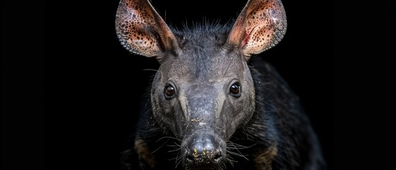 a close up of a warthog's face on a black background with a spot on it's ear.
