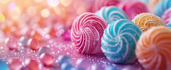 Fototapeta na wymiar A visual feast of sugar-coated lollipops glistens against a soft-focus backdrop, where dreamy hues of pink and blue evoke the whimsy of a candy wonderland.